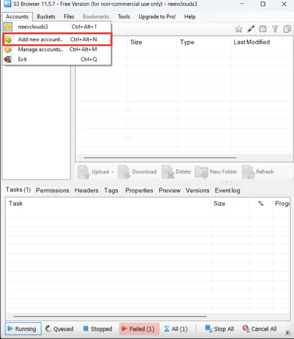 The Accounts menu in S3 Browser with Add new account highlighted