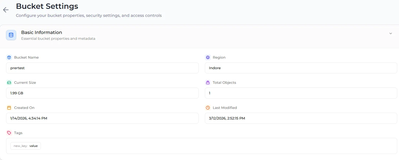 The Basic Information section with bucket name, region, size, object count, dates and a tag