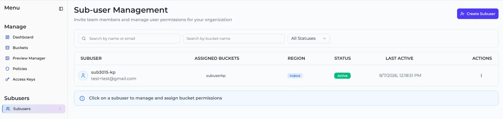 The Subusers page in the Zata console, showing a sub-user with one bucket in the Assigned Buckets column