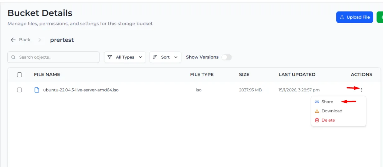 A file's actions menu with Share pointed out