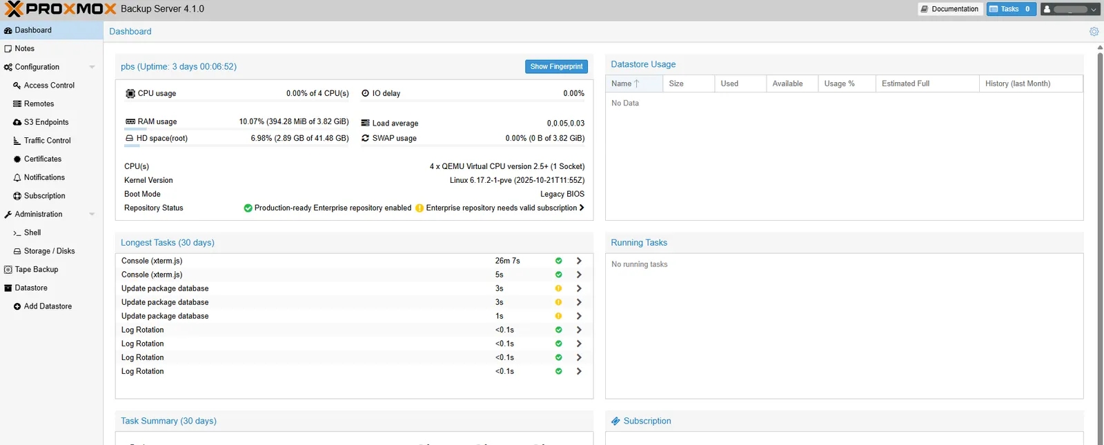 PBS dashboard with S3 Endpoints under Configuration in the menu