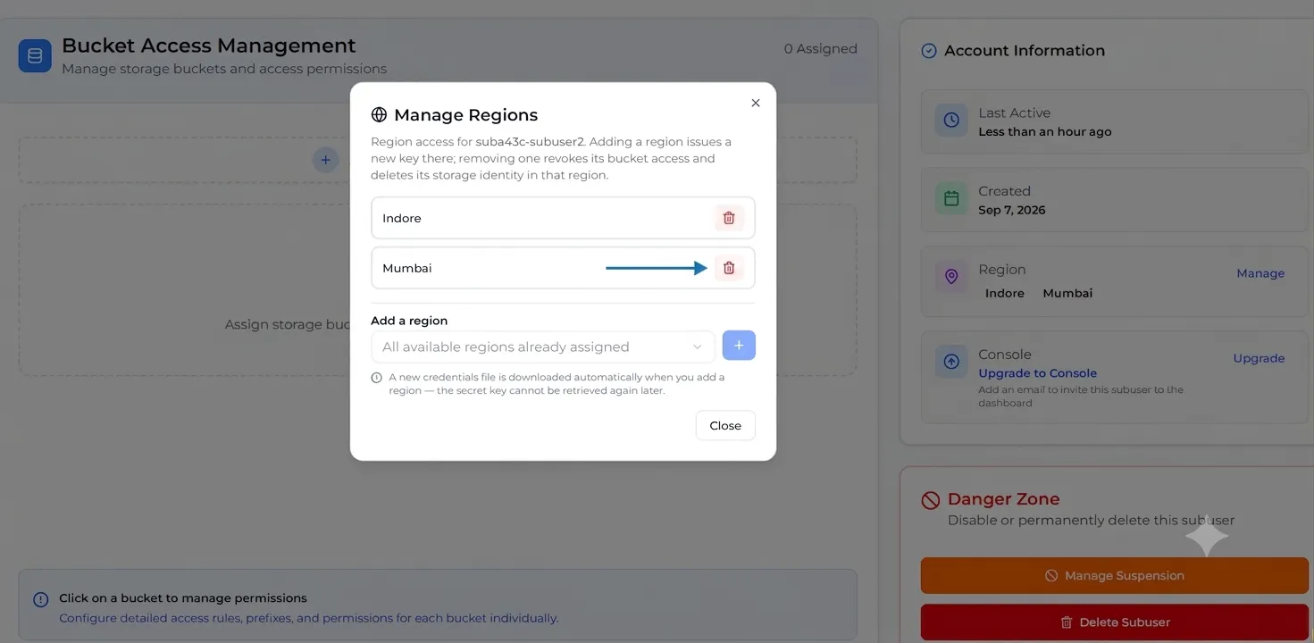 The Manage Regions dialog with Indore and Mumbai listed, each with a remove (bin) icon