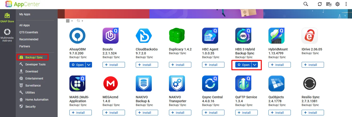App Center Backup/ Sync category with HBS 3 Hybrid Backup Sync and its Open button