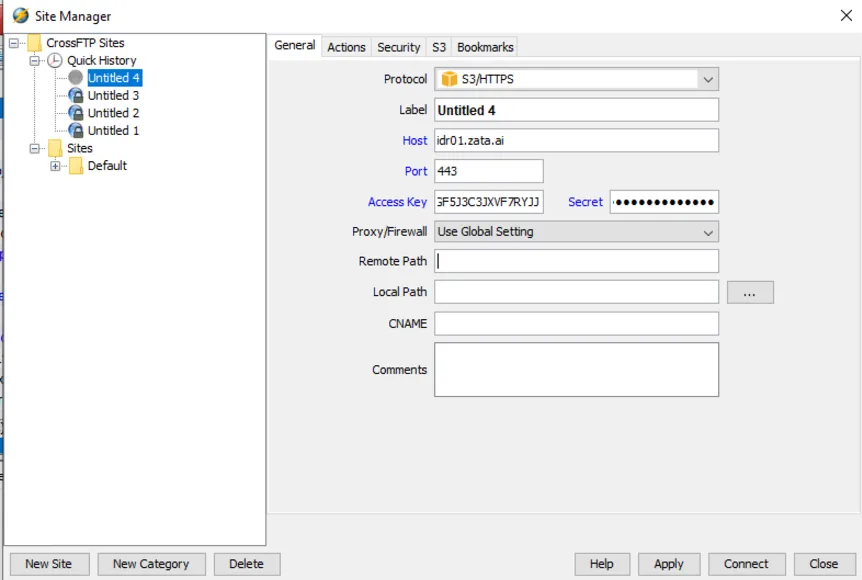 Site Manager with protocol S3/HTTPS, host idr01.zata.ai and port 443
