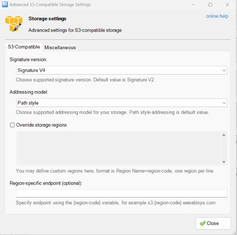 Advanced S3-Compatible Storage Settings with Signature V4 and Path style selected