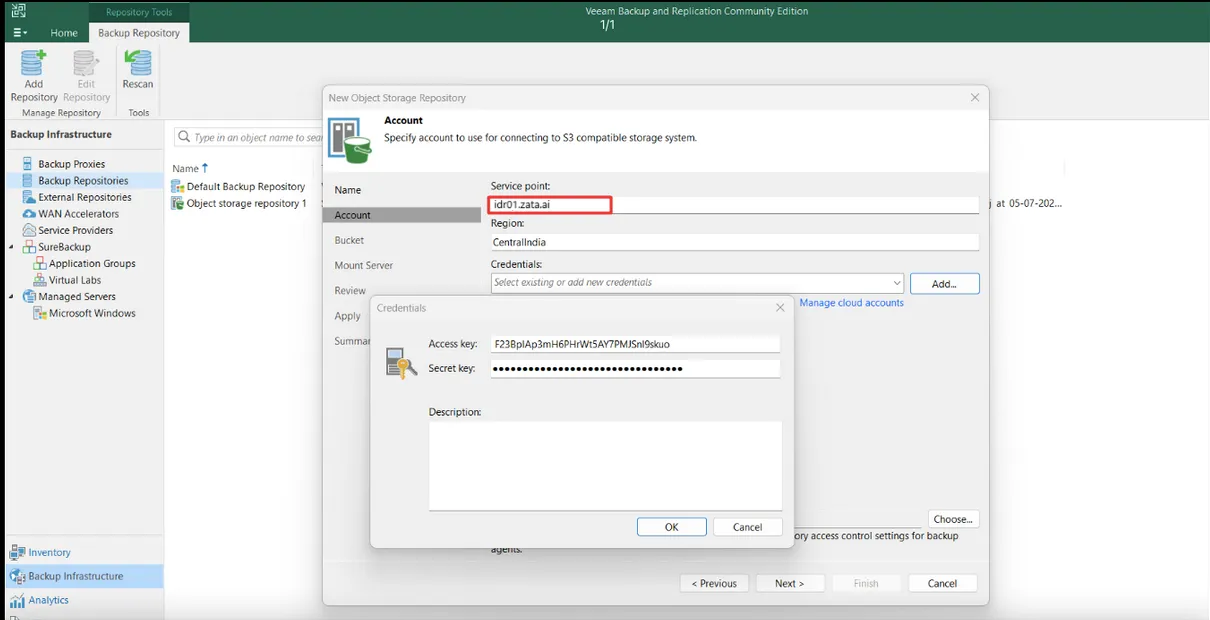 Account step with the Service point field and the Credentials window for the access key and secret key
