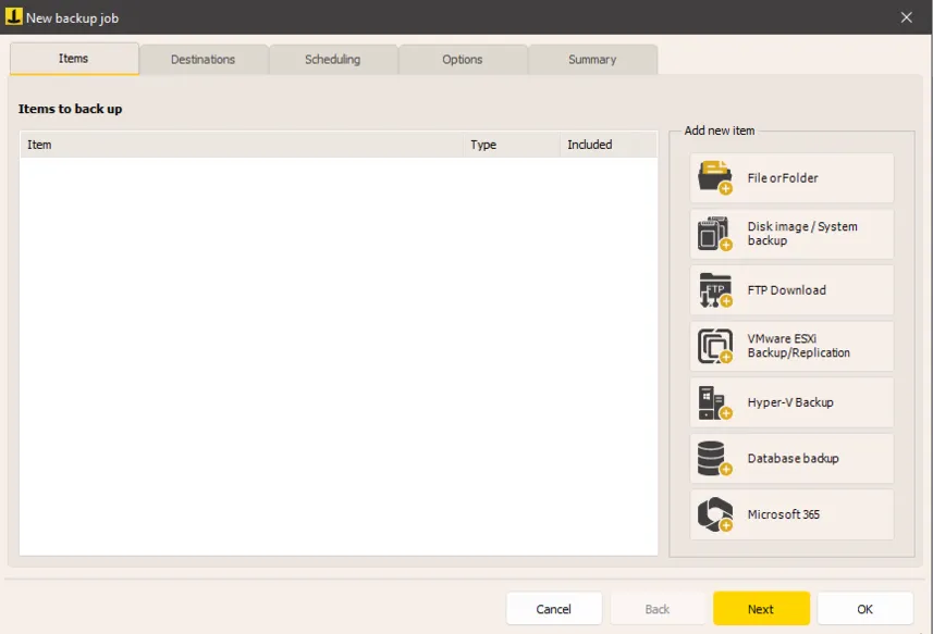 Items tab of a new backup job with the Add new item buttons