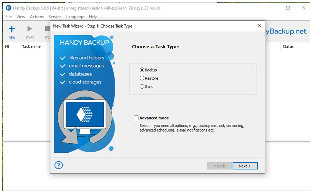 New Task Wizard step 1 with the Backup task type selected