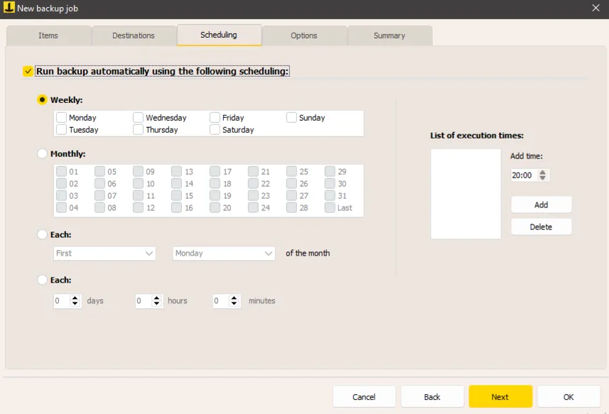 Scheduling tab with weekly, monthly and interval options and the list of execution times