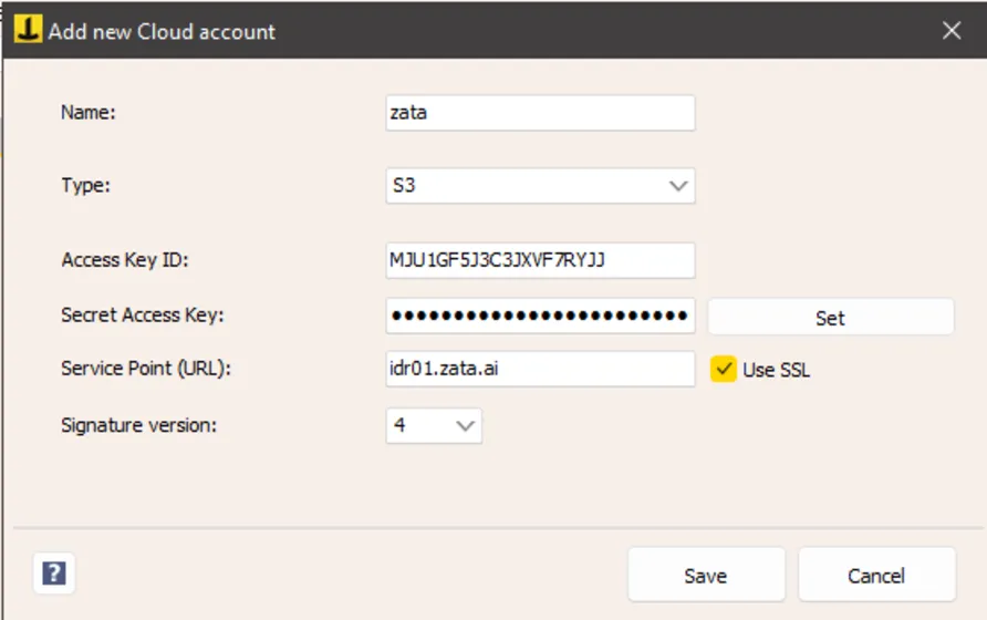 Add new Cloud account window with type S3, service point idr01.zata.ai, Use SSL ticked and signature version 4