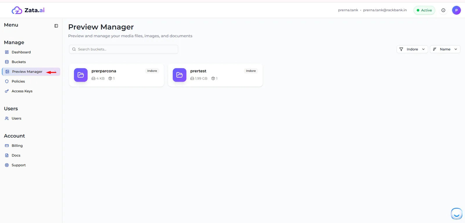 The Preview Manager page with two bucket cards, the search box, region filter and sort menu