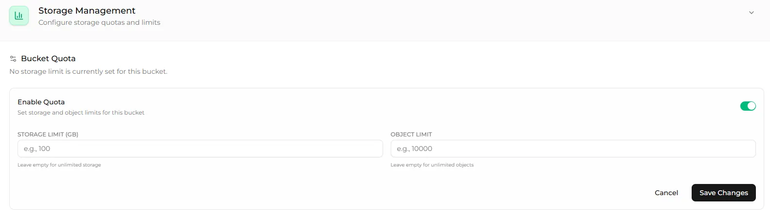 The Bucket Quota form with Enable Quota on and the Storage Limit and Object Limit fields