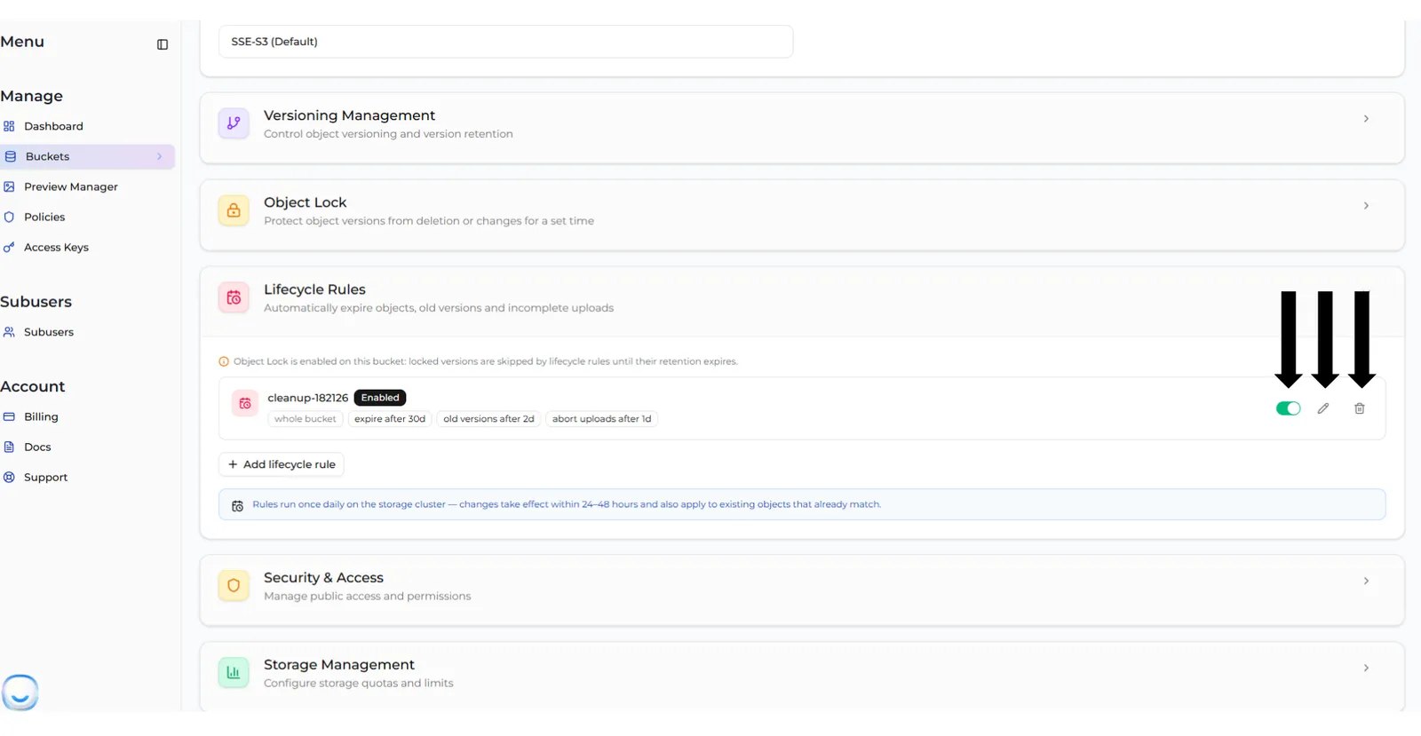 A lifecycle rule in the list with its switch, edit and delete buttons pointed out