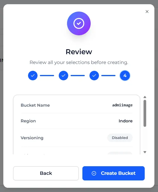 Step 4 of Create Bucket: the Review list with the bucket name admiimage, region Indore and versioning disabled, and the Create Bucket button