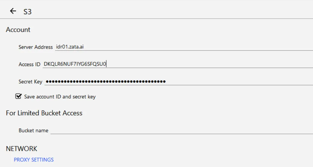 NetDrive S3 account settings with server address idr01.zata.ai, access ID and secret key
