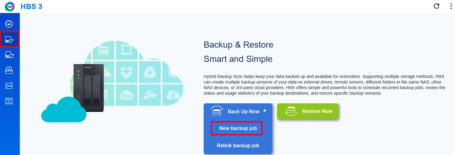 Backup & Restore page with Back Up Now and New backup job