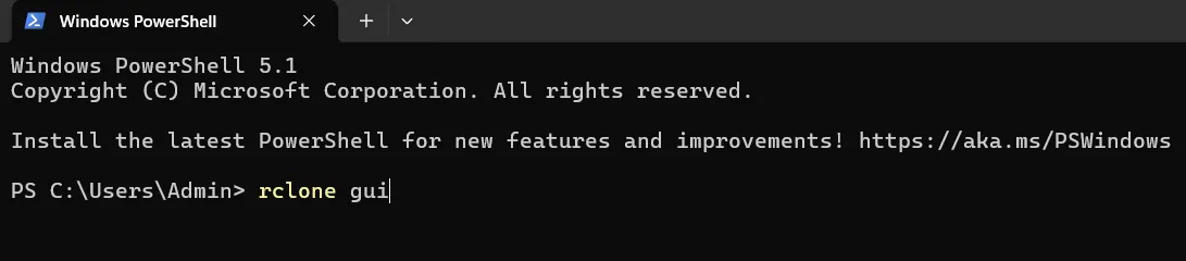 Windows PowerShell with the command rclone gui typed in