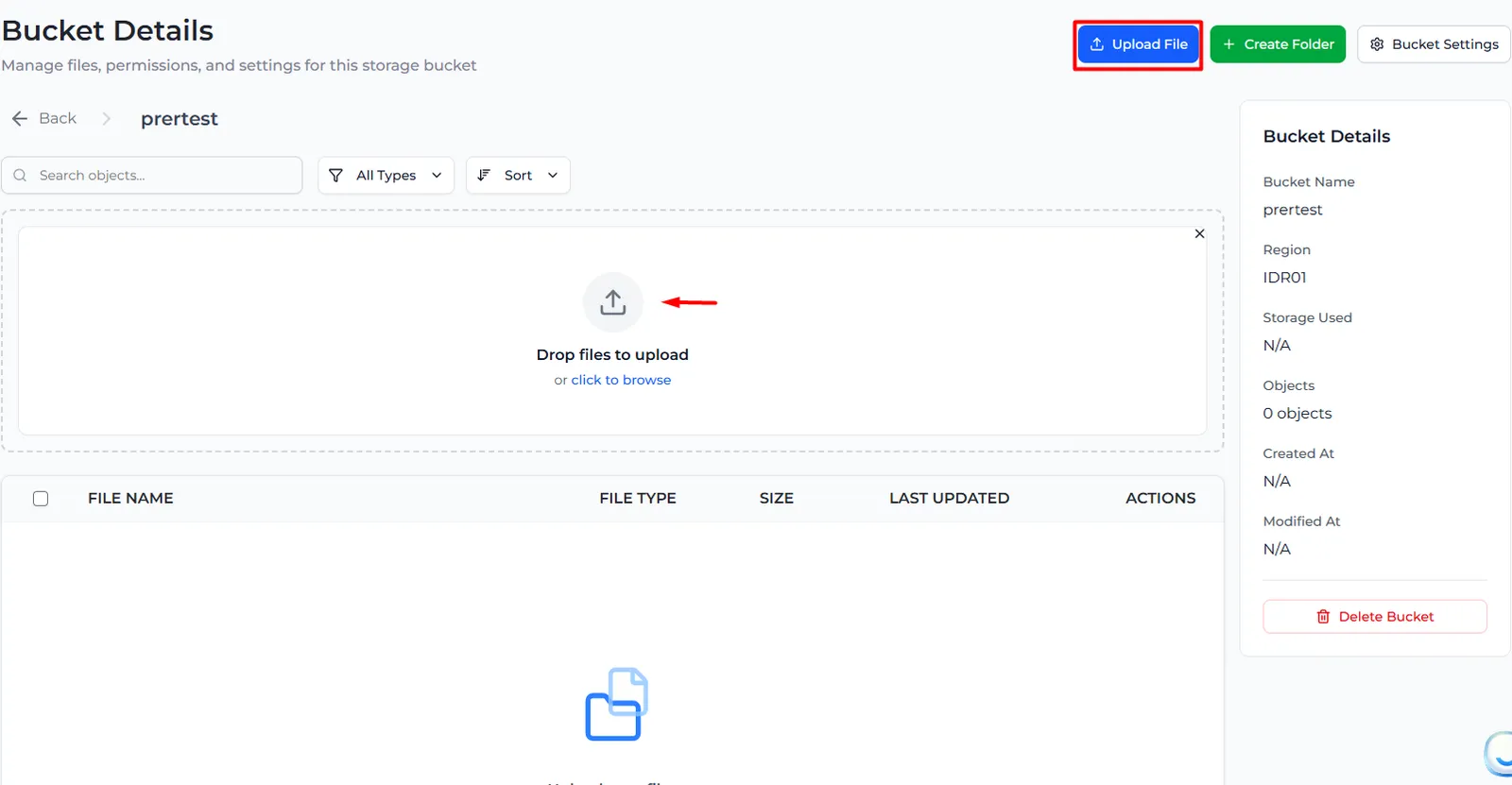 The bucket page with the Upload File button and the Drop files to upload area