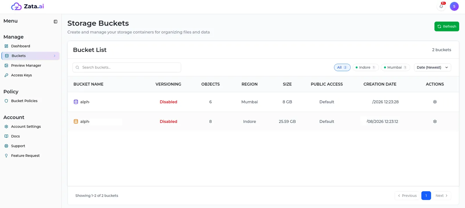 The sub-user Storage Buckets page with a search box, region filters, a sort menu and two shared buckets