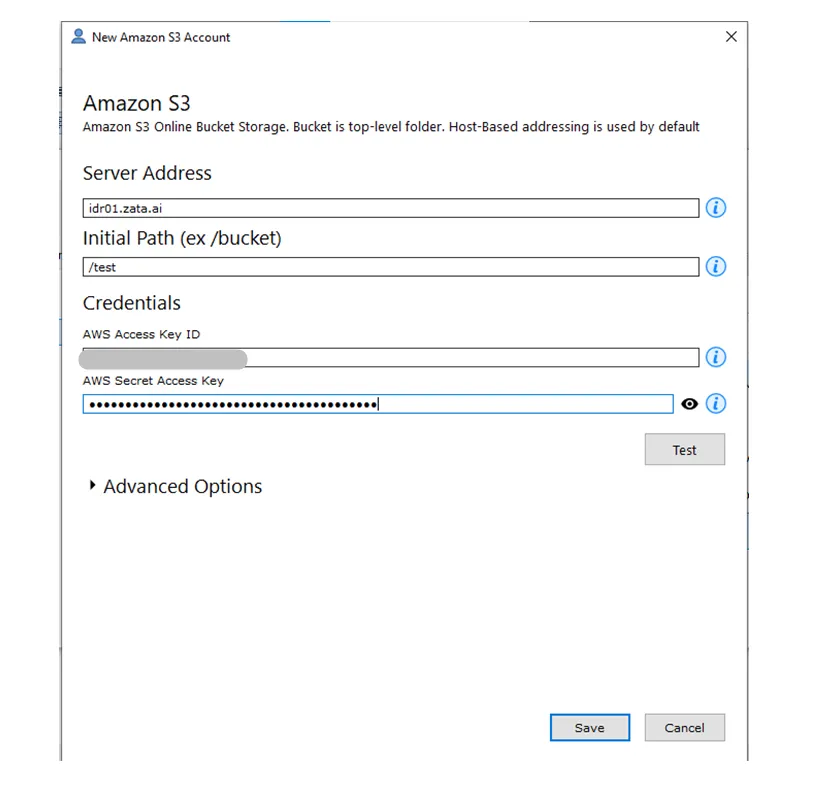 New Amazon S3 Account window with server address idr01.zata.ai, initial path, keys, and the Test and Save buttons