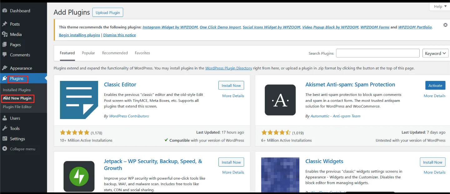 WordPress admin menu with Plugins and Add New Plugin highlighted