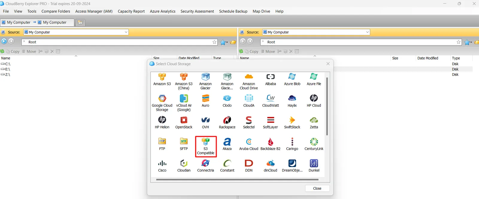 Select Cloud Storage window with S3 Compatible highlighted