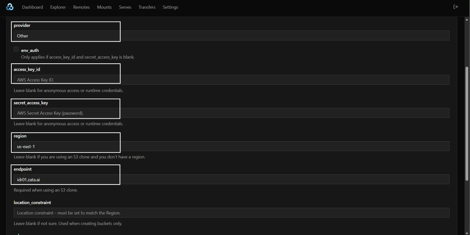 New Remote form with provider Other, region us-east-1 and endpoint idr01.zata.ai