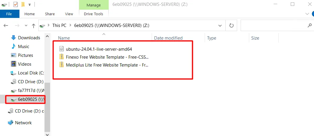 Files copied onto the mapped drive in Windows File Explorer
