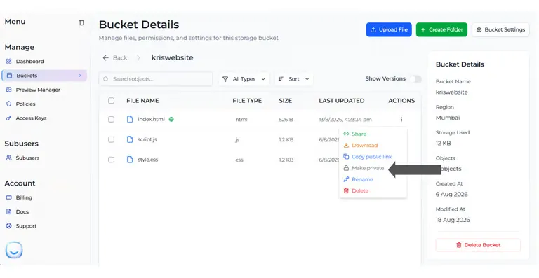 The Bucket Details file list with a public file's Actions menu open and Make private highlighted