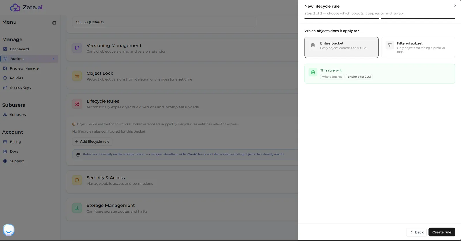 Step 2 with Entire bucket selected and the This rule will summary