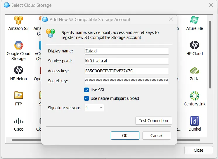 Add New S3 Compatible Storage Account window with display name, service point idr01.zata.ai, keys, Use SSL and signature version 4