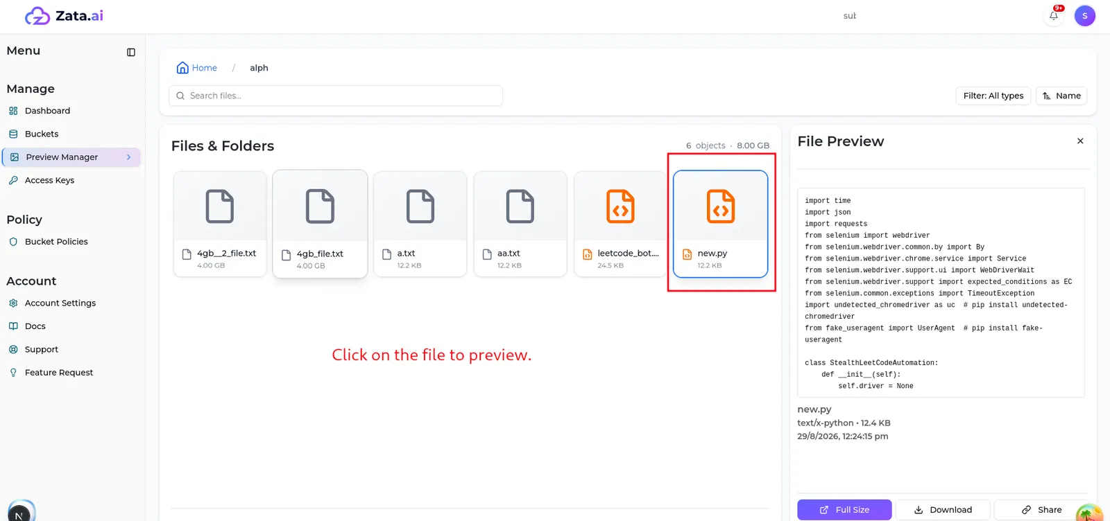 The Files and Folders view of a bucket with a code file open in the File Preview panel and Full Size, Download and Share buttons