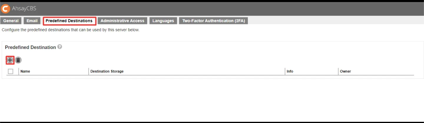 Predefined Destinations tab with the add button highlighted