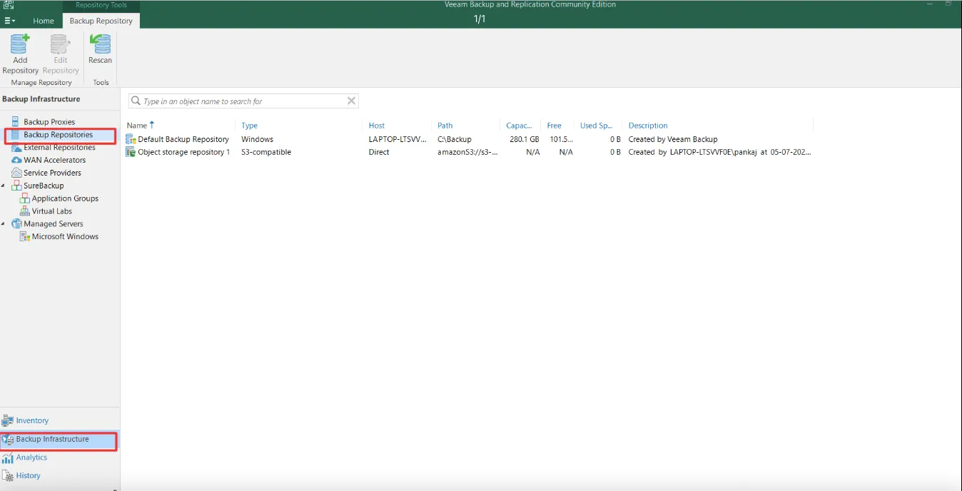 Backup Repositories under Backup Infrastructure in the Veeam console