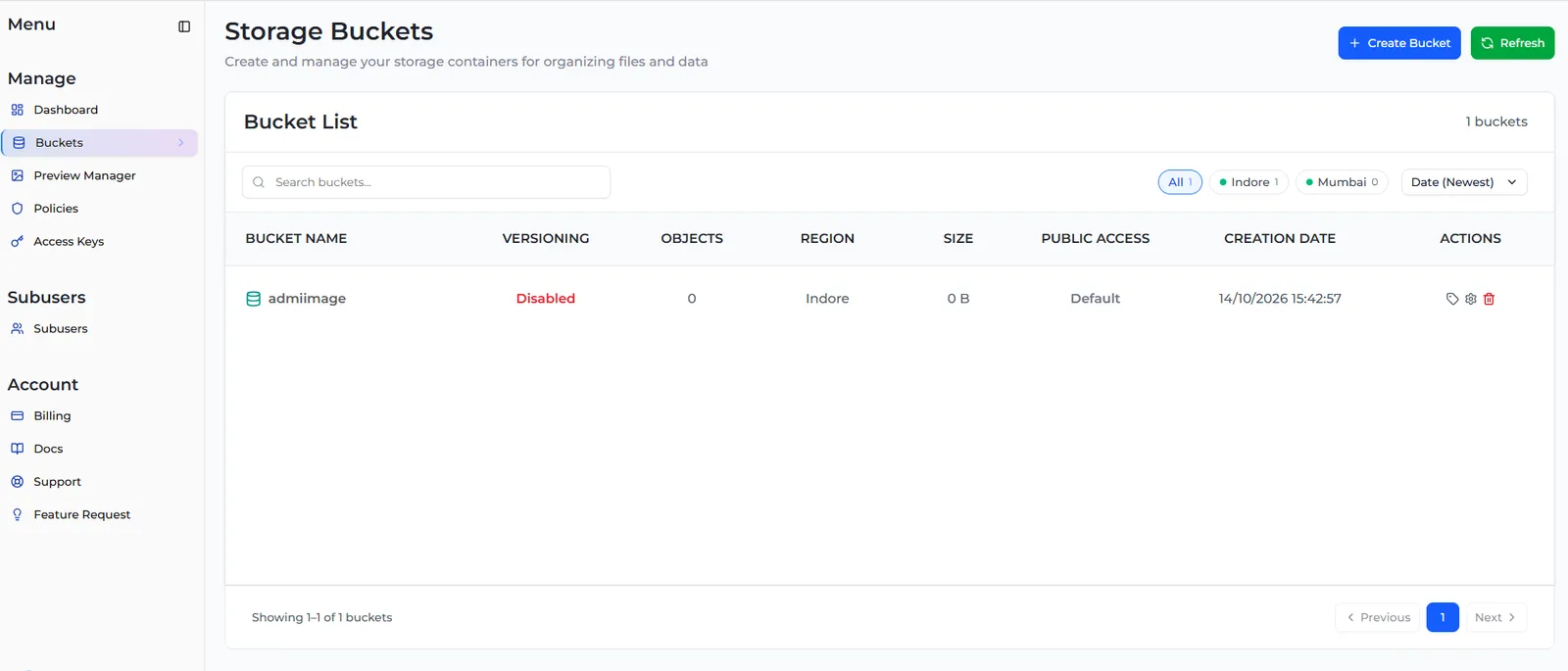 The Bucket List showing the new bucket admiimage in Indore, with the tag, settings and delete icons in the Actions column