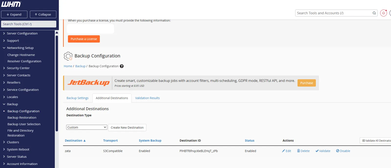 Additional Destinations list with the Zata destination and the Edit, Delete, Validate and Disable actions