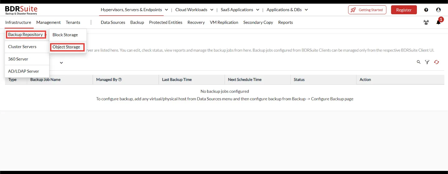 Infrastructure menu in BDRSuite with Backup Repository and Object Storage highlighted