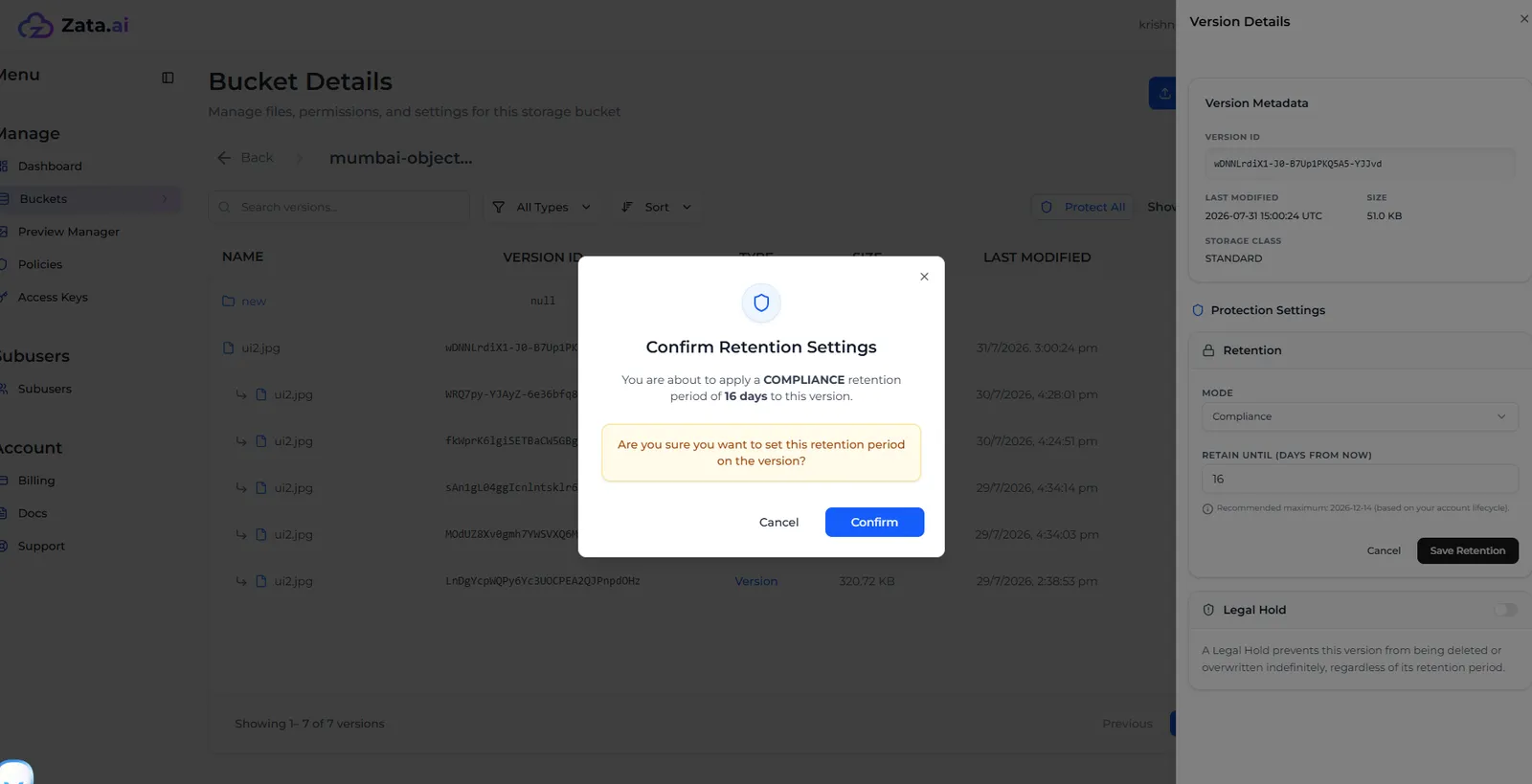 The Confirm Retention Settings window for a Compliance retention of 16 days