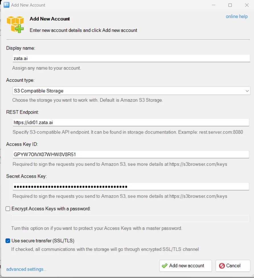 Add New Account form with S3 Compatible Storage and the REST endpoint https://idr01.zata.ai