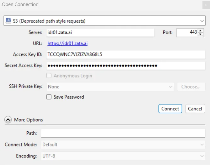Open Connection dialog with the path-style S3 profile, server idr01.zata.ai and port 443