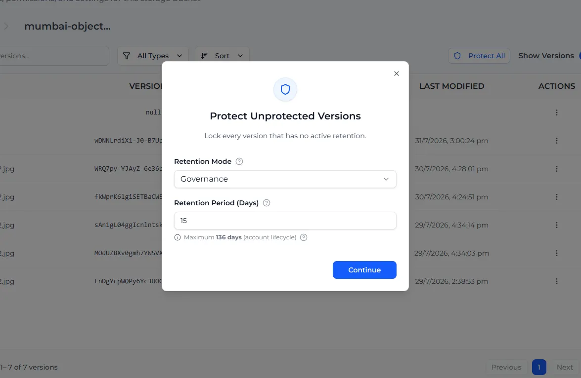 The Protect Unprotected Versions window with Governance mode and 15 days