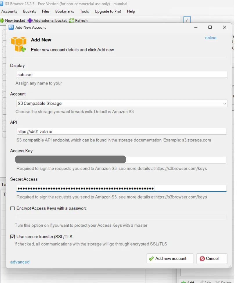 Add New Account form filled in with a sub-user's key and the endpoint https://idr01.zata.ai