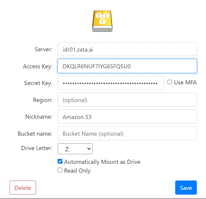 ExpanDrive Amazon S3 form with server idr01.zata.ai, access key, optional region and bucket name, and drive letter Z