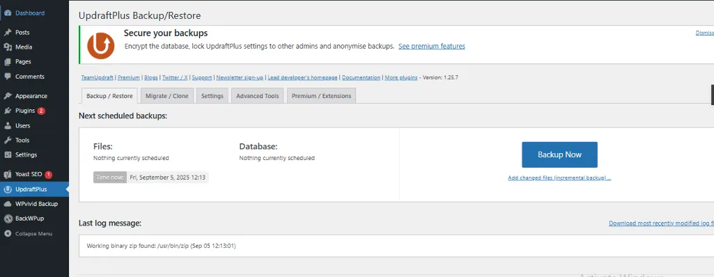 Backup / Restore tab of UpdraftPlus with the Backup Now button