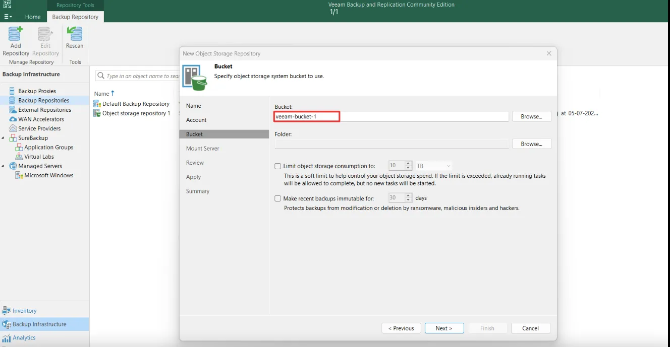 Bucket step with the bucket name and an empty Folder field