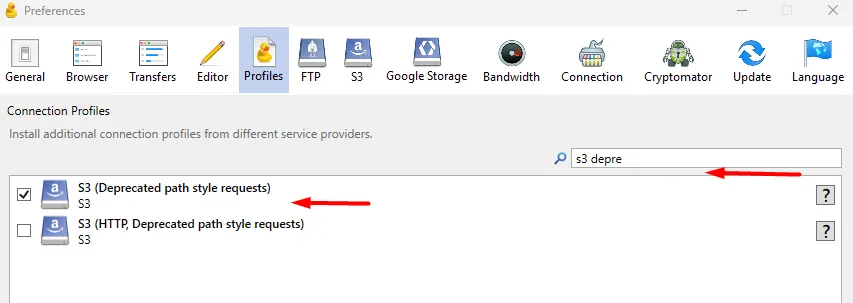The S3 (Deprecated path style requests) profile ticked in the Profiles search results