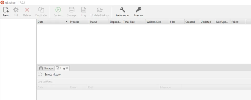qBackup main window with the New button