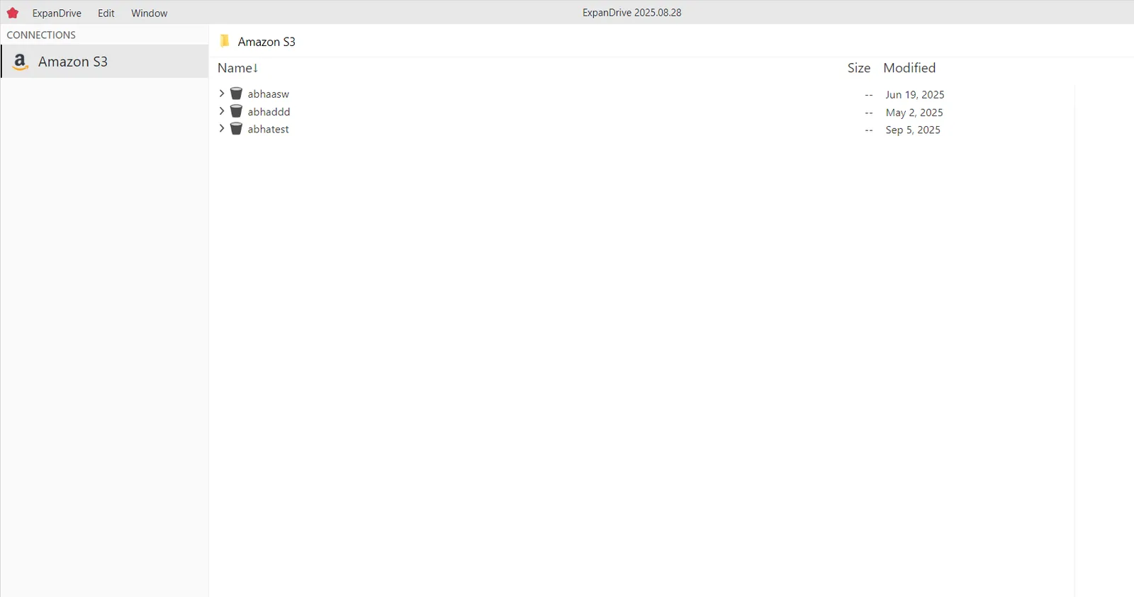 ExpanDrive showing the new connection with three Zata buckets