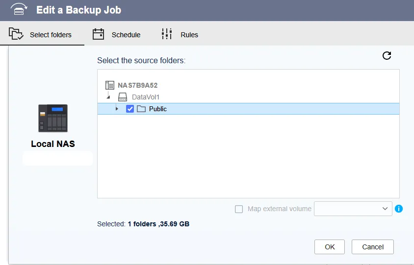 Select folders step with a NAS folder ticked