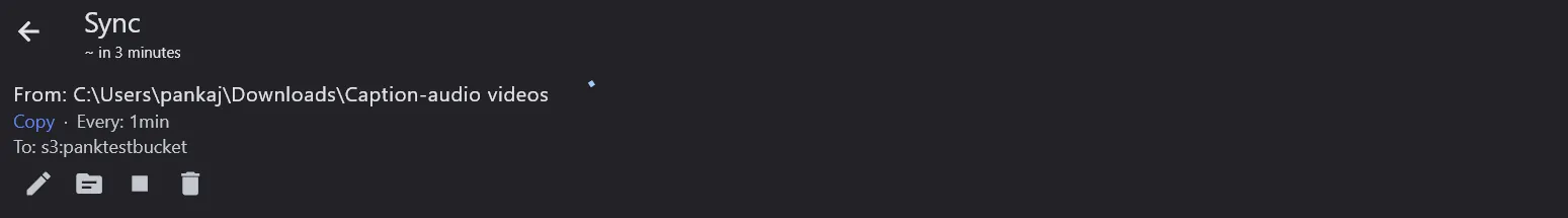 A saved sync job from a local folder to a Zata bucket, mode Copy